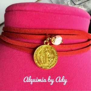 Gold freshwater pearl red suede rope charms necklace